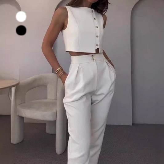 💖 Completo donna elegante 2 pezzi Top senza maniche e pantaloni a vita alta💖